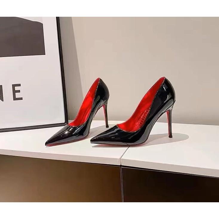 Red Bottom High Heels Women's Shallow Mouth Black Sexy Stiletto Heel 2025 New Pointed High-Grade Sense Nude Patent Leather Pumps Fashion