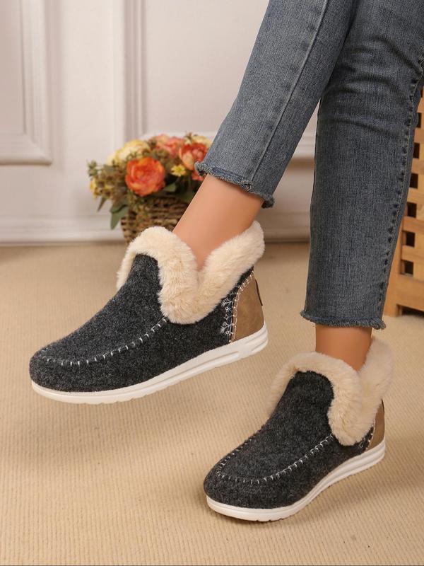 Women's Fashionable Contrast Faux Fur Design Slip on Shoes, Patchwork Detail Warm Shoes for Fall & Winter, Female All-match Trendy Shoes for Daily Wear