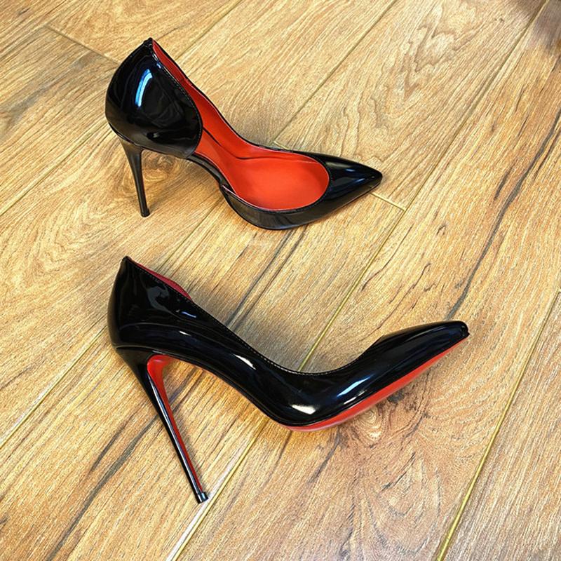 Side Empty Black with Red Background High Heels Women's New Style Temperament Stiletto Heel Pointed Toe Patent Leather Low-Cut Commuter Shoes