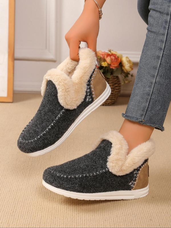 Women's Fashionable Contrast Faux Fur Design Slip on Shoes, Patchwork Detail Warm Shoes for Fall & Winter, Female All-match Trendy Shoes for Daily Wear