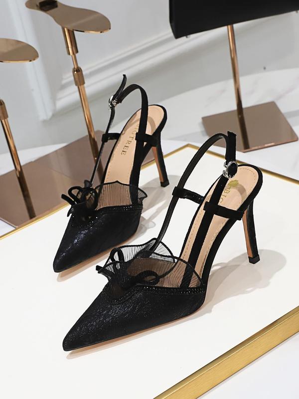 Women's Sexy Pointed Toe Black Lace Decor Glitter Heels, with Leaf Design, Trendy Slip on Heels, All-match High Heels for Party & Daily Wear