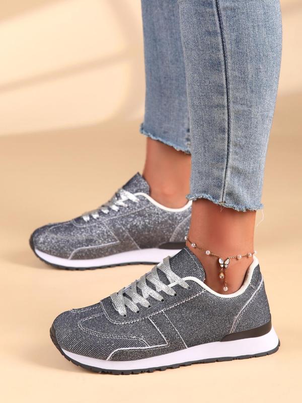 Women's Fashionable Glitter Lace Up Sneakers, Casual Comfortable Sports Shoes for Daily Wear, Female All-match Round Toe Shoes for Daily Wear