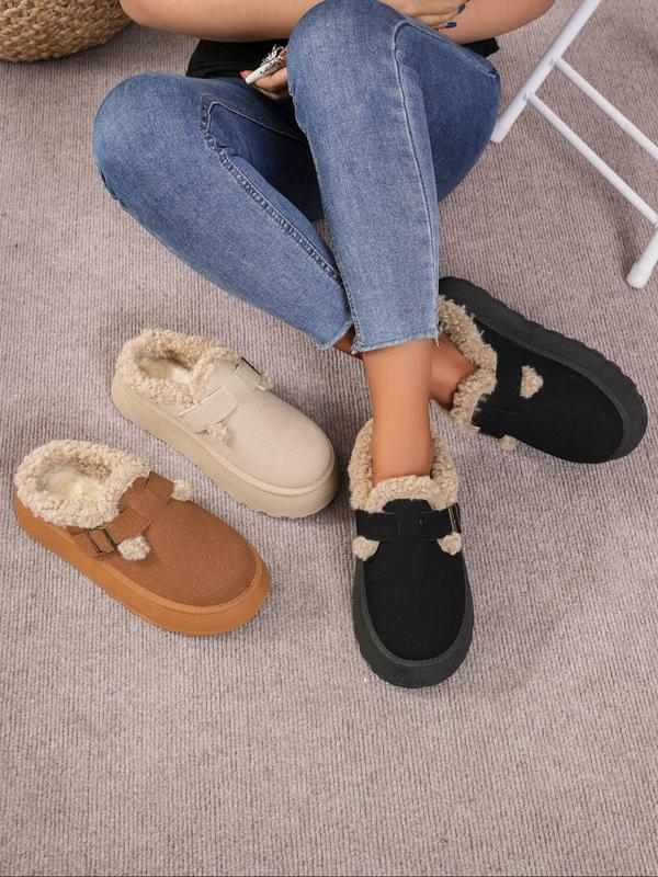 Women's Solid Color Belted Plush Slippers, Casual Soft Comfortable Home Slippers, Warm Slippers for Indoor & Outdoor Use for Winter