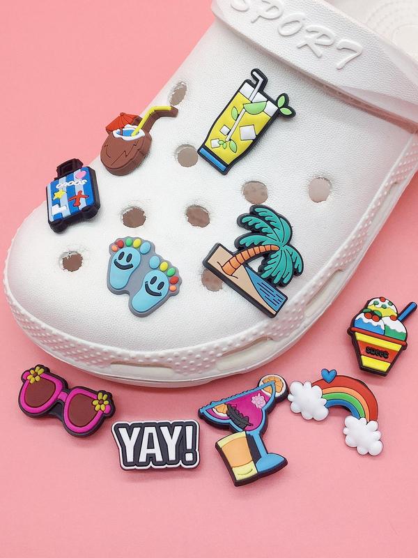 Cute Colorful Holiday Themed Shoe Croc Charms for Clogs, 10pcs Cartoon Beach & Juice Design Kawaii Shoe Decoration, Trendy All-match Charms for Men & Women for Vented Clogs