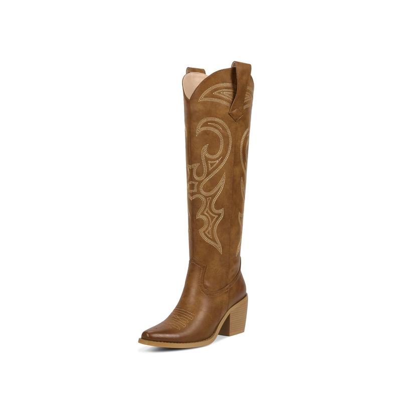 WETKISS Knee High Cowboy Cowgirl Boots for Women, with Unique Embroidery, Side Zipper and Chunky Heel Design