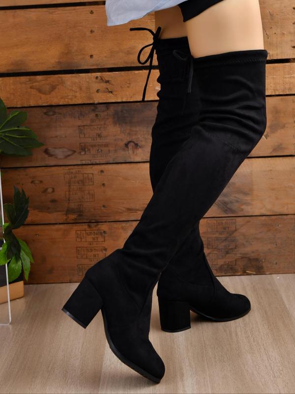 Women's Minimalist Solid Lace Up Over The Knee Boots, Fashionable Round Toe High Heel Boots for Fall & Winter, Women's Boots for Daily Wear