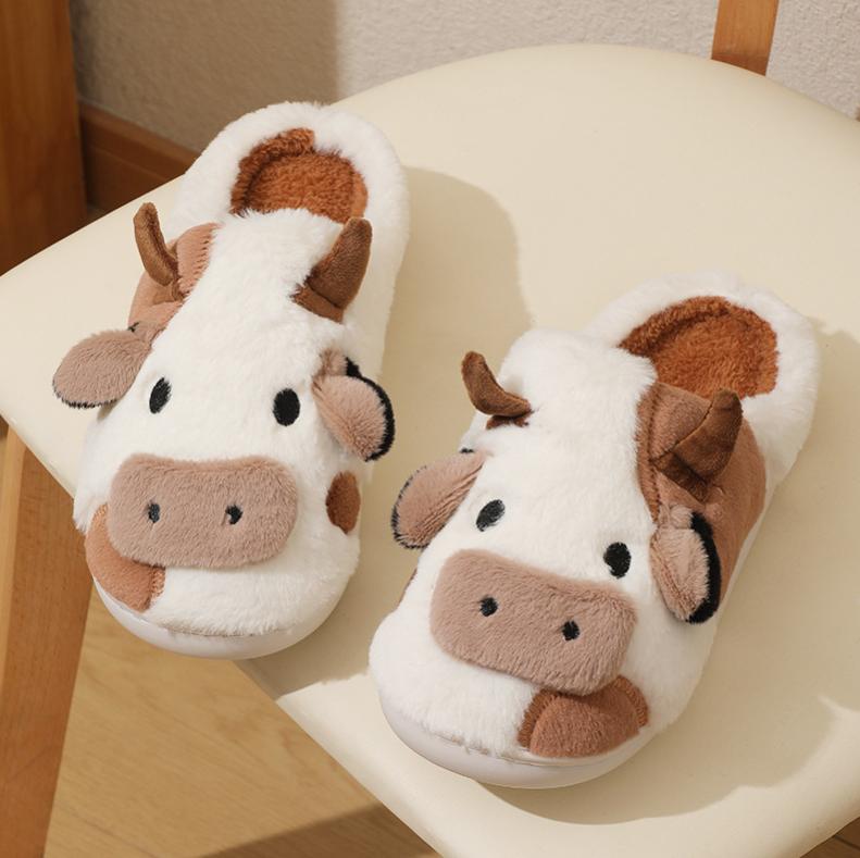 Women's Cartoon Cute Cow House Slippers, Warm Plush Lined Home Slippers, Women's Cozy Indoor Shoes