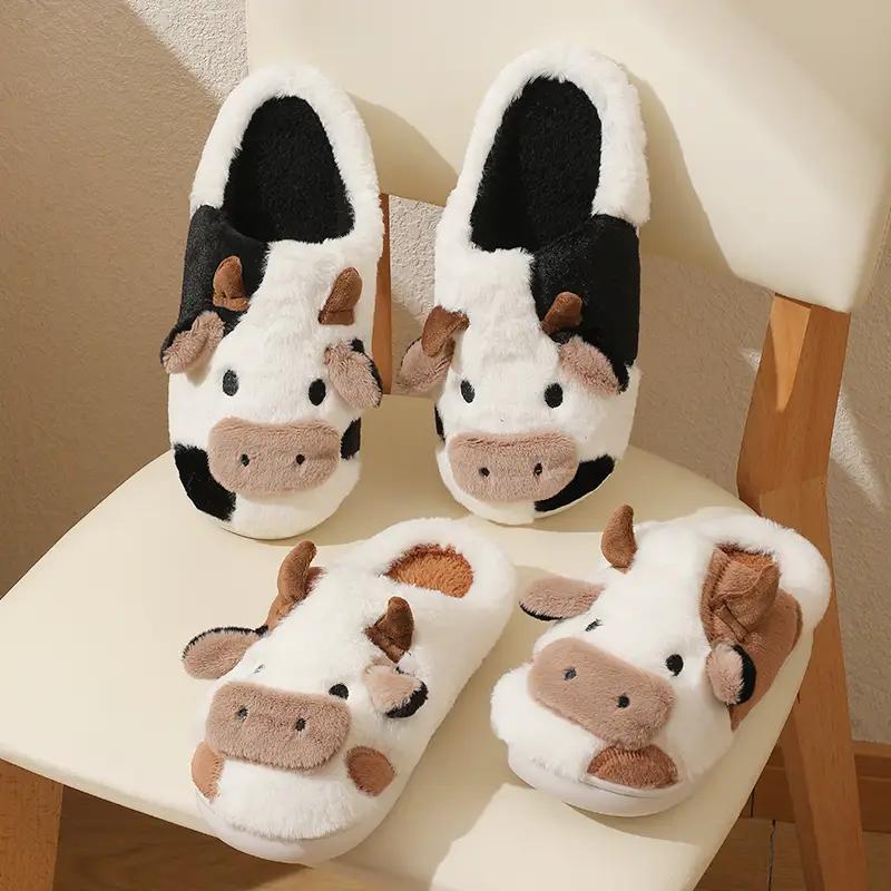 Kawaii Cow Plush Slippers - Non-Slip, Warm & Cozy All-Season Bedroom Footwear