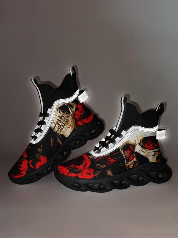 Men's Gothic Rose & Skull Print High Top Sneakers, Casual Sporty Breathable Comfortable Lightweight Running Shoes, Male All-match Round Toe Shoes for Daily Wear