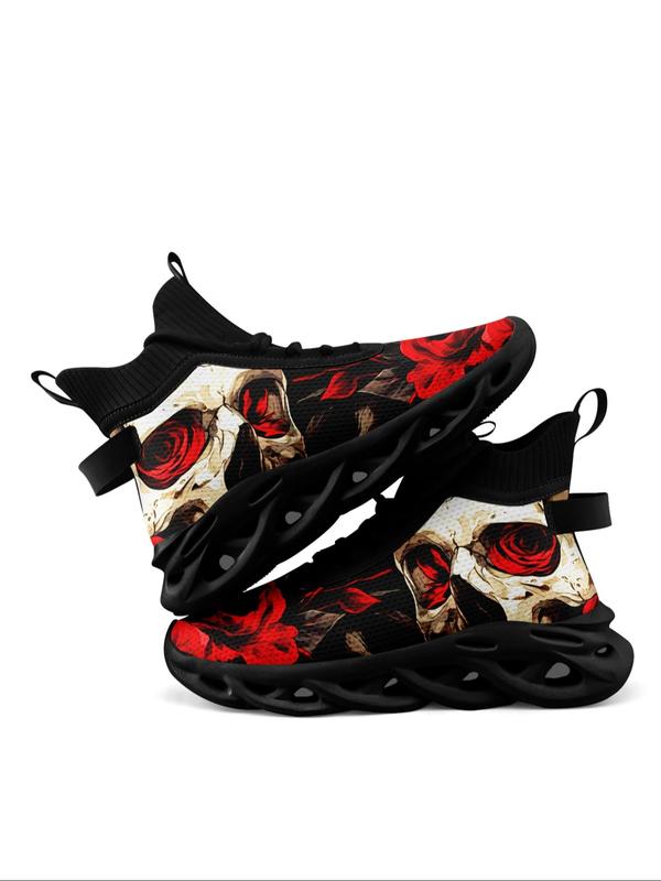 Men's Gothic Rose & Skull Print High Top Sneakers, Casual Sporty Breathable Comfortable Lightweight Running Shoes, Male All-match Round Toe Shoes for Daily Wear