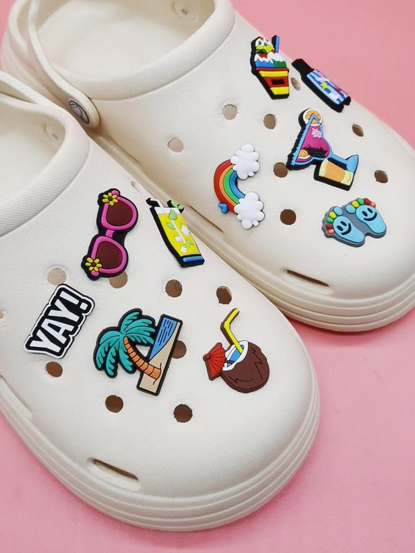 Cute Colorful Holiday Themed Shoe Croc Charms for Clogs, 10pcs Cartoon Beach & Juice Design Kawaii Shoe Decoration, Trendy All-match Charms for Men & Women for Vented Clogs