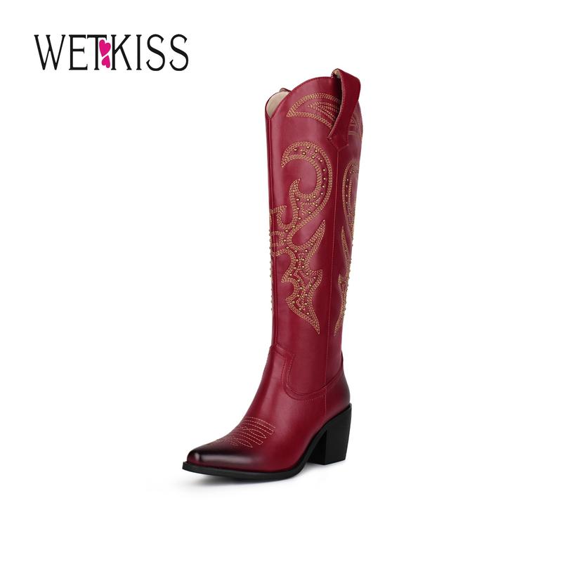 WETKISS Knee High Cowboy Cowgirl Boots for Women, with Unique Embroidery, Side Zipper and Chunky Heel Design