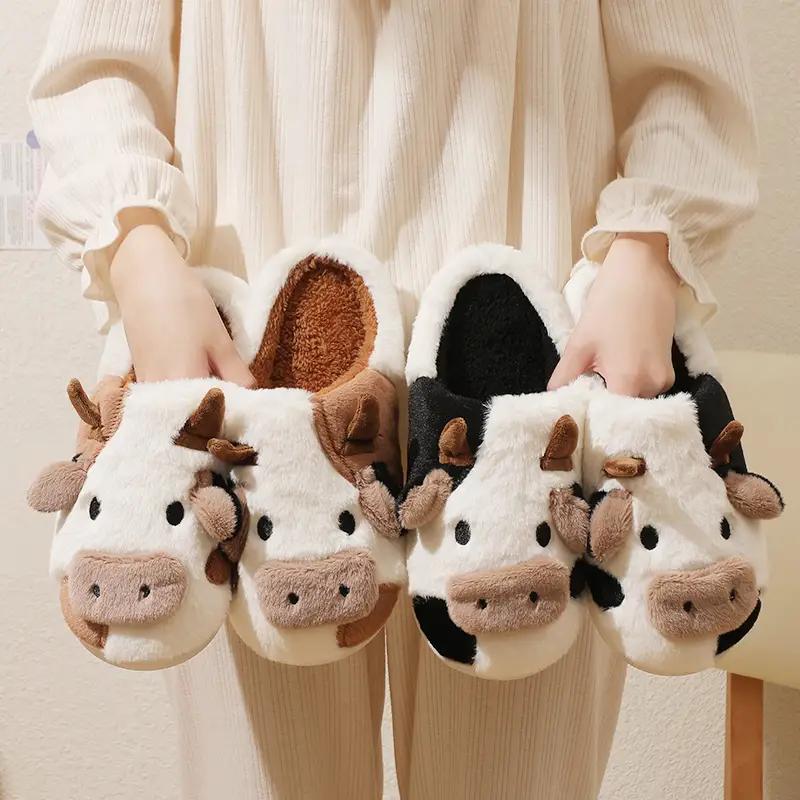 Women's Cartoon Cute Cow House Slippers, Warm Plush Lined Home Slippers, Women's Cozy Indoor Shoes