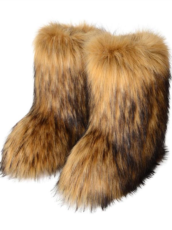 Random Sole Color Women's Street Fluffy Fur Snow Boots, Soft Warm Mid-calf Boots for Autumn & Winter, Platform Slip-on Winter Shoes, Winter Outfits 2024