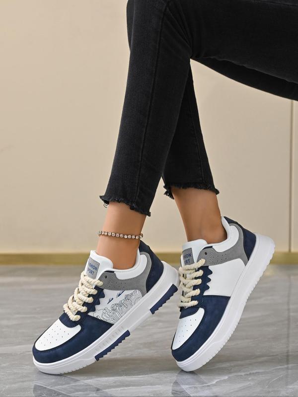 Women's Fashionable Colorblock Letter Label Design Lace Up Low Top Sneakers, Casual Comfortable Breathable Sports Running Shoes, All-match Round Toe Chunky Sneakers for Daily Wear