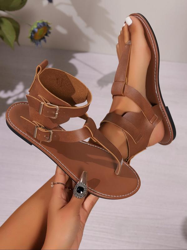 Women's Fashionable Plain Color Flat Roman Sandals, Toe Thong Buckle Sandals, Casual Versatile Slingback Sandals for Summer