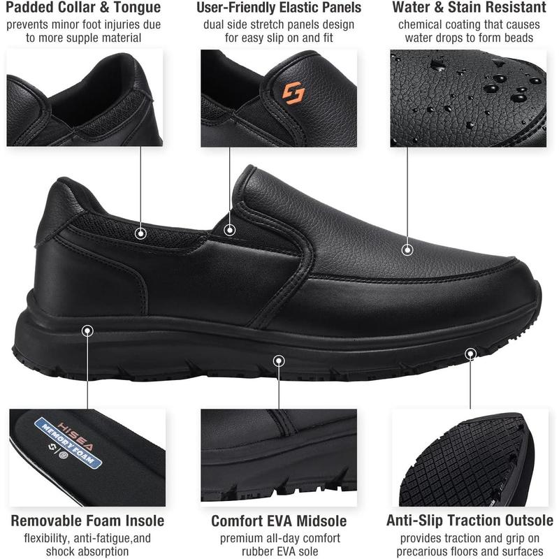 Men's Leather Non Slip Food Service Shoes, Water & Oil Resistant, Comfortable, Breathable, Lightweight Slip Resistant Shoes for Men, for Kitchen, Restaurant, Slip-on Chef Walking Shoes