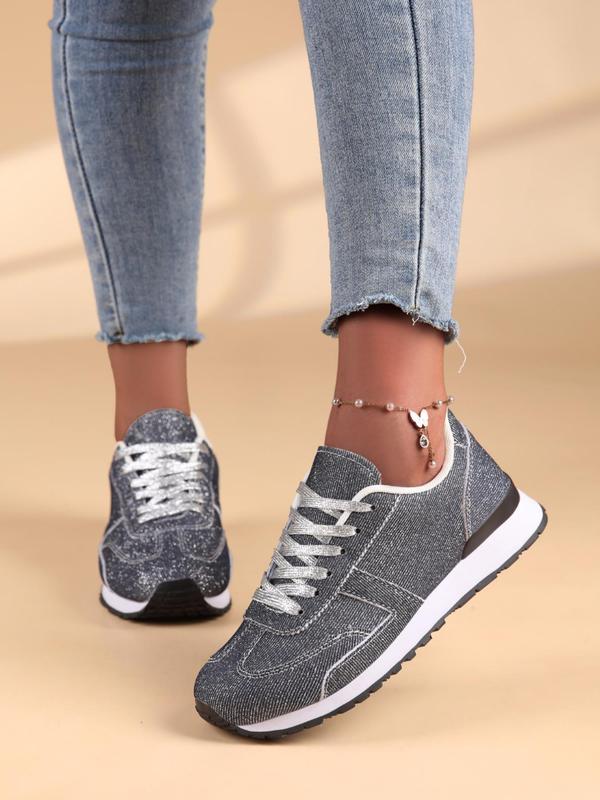 Women's Fashionable Glitter Lace Up Sneakers, Casual Comfortable Sports Shoes for Daily Wear, Female All-match Round Toe Shoes for Daily Wear