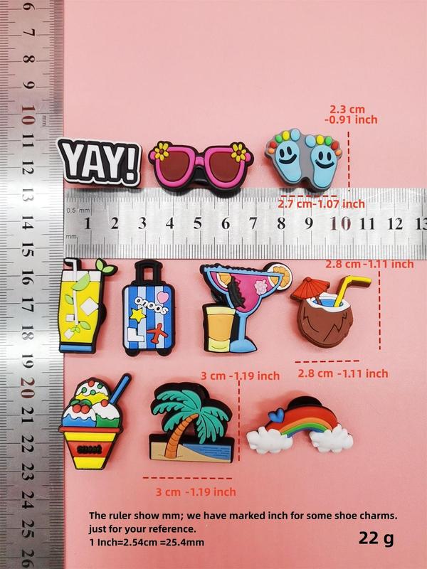 Cute Colorful Holiday Themed Shoe Croc Charms for Clogs, 10pcs Cartoon Beach & Juice Design Kawaii Shoe Decoration, Trendy All-match Charms for Men & Women for Vented Clogs