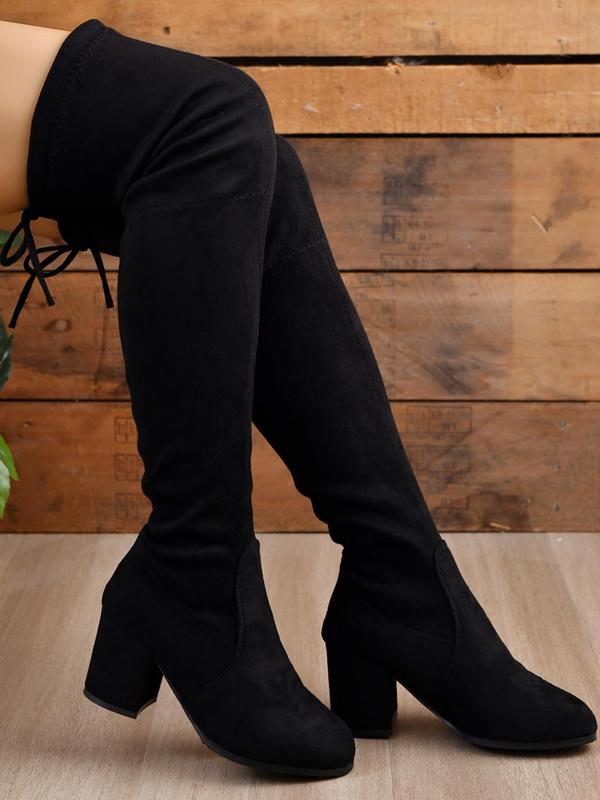 Women's Minimalist Solid Lace Up Over The Knee Boots, Fashionable Round Toe High Heel Boots for Fall & Winter, Women's Boots for Daily Wear