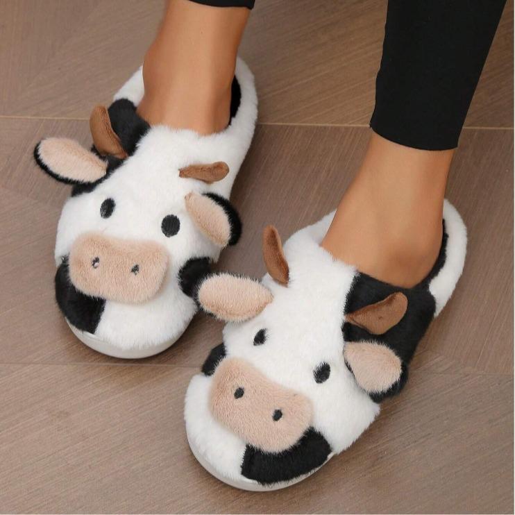 Kawaii Cow Plush Slippers - Non-Slip, Warm & Cozy All-Season Bedroom Footwear