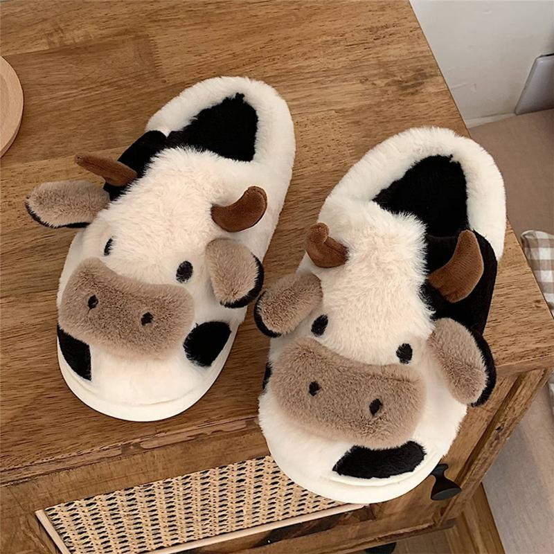 Cartoon Cow Slippers for Women Men Cozy Plush Cotton Home Slippers - Warm Stylish and Comfortable Plush Indoor Slippers and Relaxing Fit winter indoor