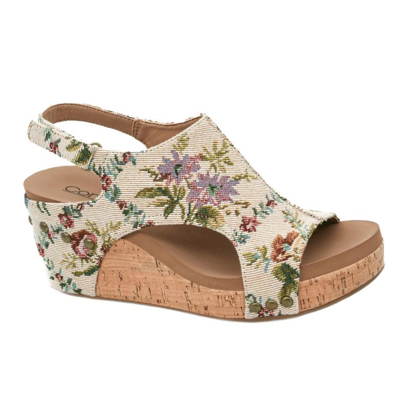 CORKYS CARLEY WEDGE SANDALS - SAND BROCADE FLORAL