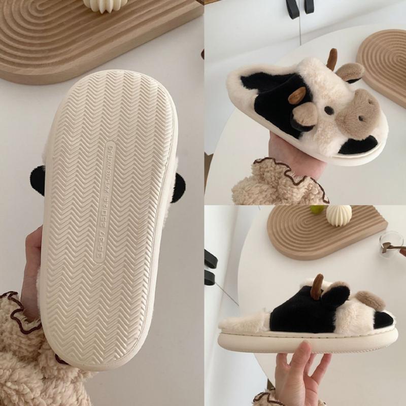 Cartoon Cow Slippers for Women Men Cozy Plush Cotton Home Slippers - Warm Stylish and Comfortable Plush Indoor Slippers and Relaxing Fit winter indoor