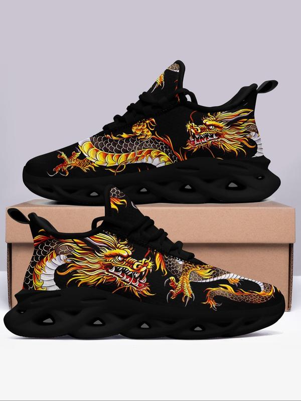 Men's Dragon Print Lace Up Low Top Sneakers, 2024 New Style Casual Comfortable Breathable Sports Running Shoes, Fashionable Sneakers for Daily Wear