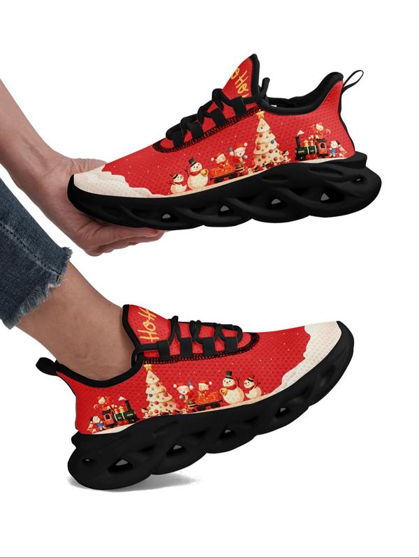 Women's Cute Christmas Print Lace Up Low Top Sneakers, Casual Comfortable Breathable Sports Running Shoes, Female All-match Round Toe Shoes for Daily Wear