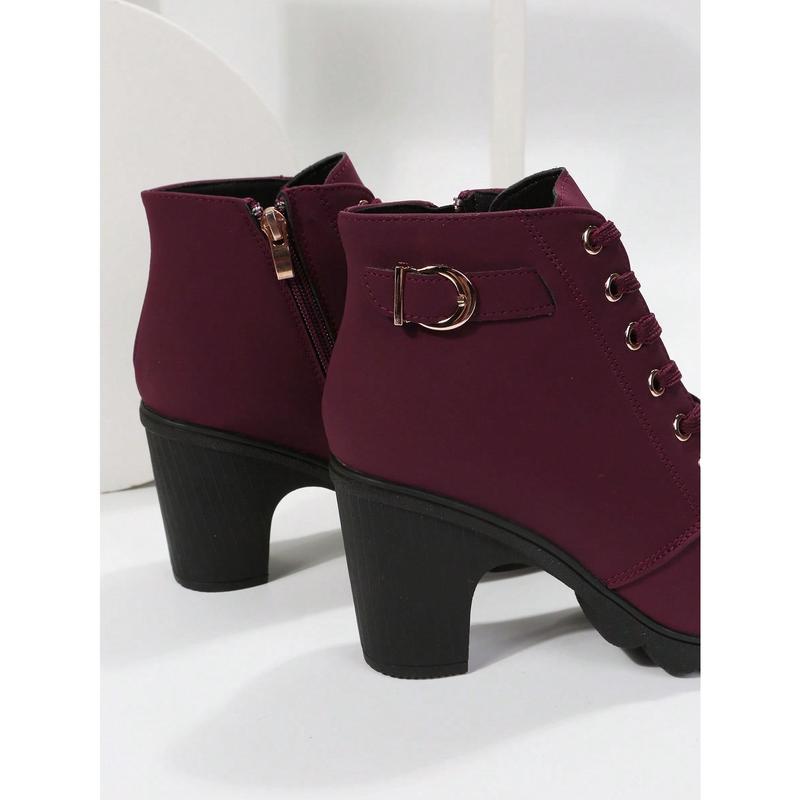 Women Ankle Boots And Short Boots, Burgundy, High Heels, Lace-Up, Side Zipper Design Girl Shoe