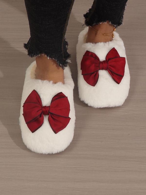 Women's White Bow Decor Soft Cushioned Slippers, Cute Comfort Plush Bedroom Slides for Fall & Winter, Girl Footwear Shoes, Girl's Comfort Walking Shoes, Footwear