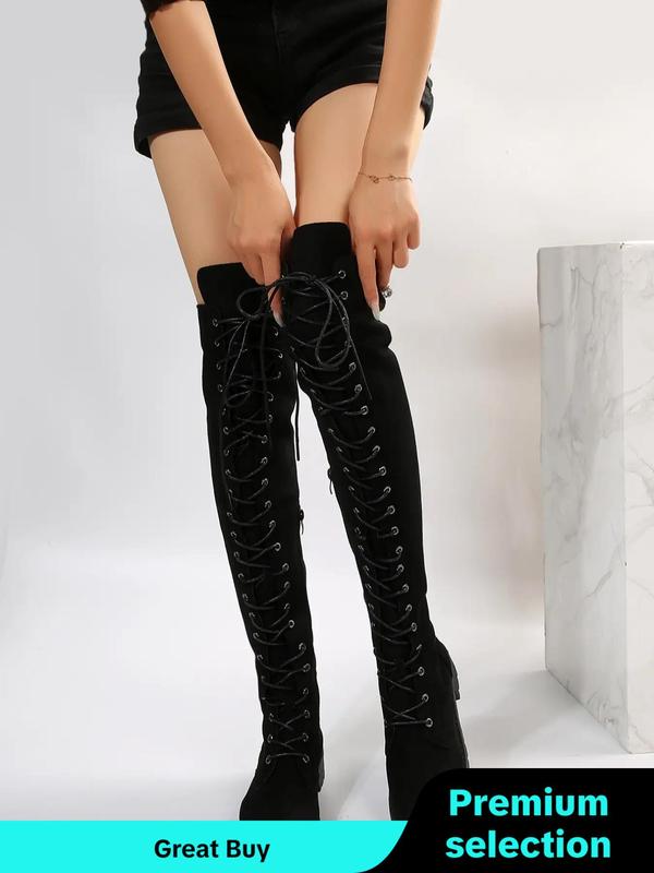 Lace Up Front Simple Over-the-knee Boots for Women, Elegant Fashionable Solid Round Toe Cowgirl Boots for Daily Wear, Fashion Women Shoes for Party, Daily Clothing Decor for Women