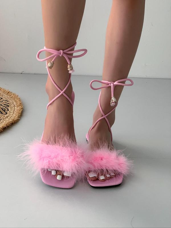 Women's Cute Lace-up Flat Sandals, Fashionable Soft Fuzzy Sandals for Summer, Casual Comfortable Summer Shoes for Outdoor