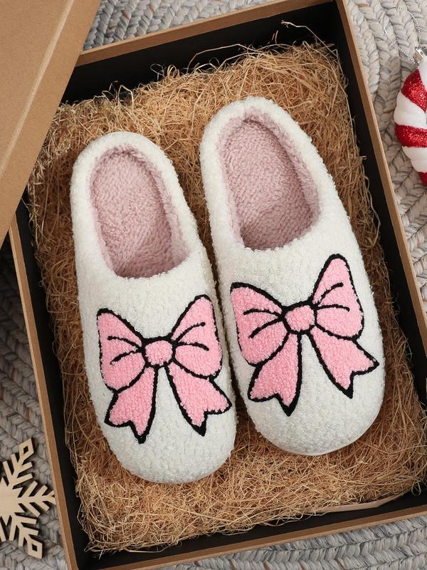 Women's Cute Bowknot Design Plush Slippers, Casual Soft Comfortable Home Slippers, Warm Slippers for Indoor & Outdoor Use for Fall & Winter