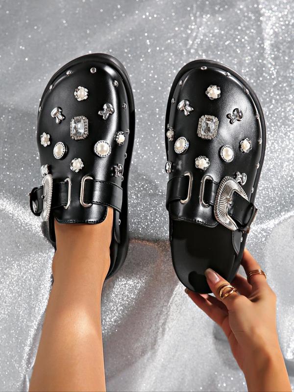 Women's Fashion Rhinestone & Faux Pearl Decorated Slides, Casual Comfortable Platform Slippers for Beach, All-match Slide Slippers for Daily Wear