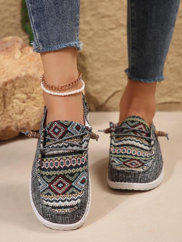 Women's Ethnic Pattern Lace Up Low Top Sneakers, Casual Comfortable Fabric Sports Shoes, Female All-match Round Toe Shoes for Daily Wear