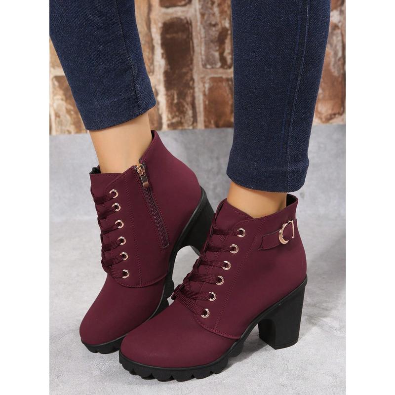 Women Ankle Boots And Short Boots, Burgundy, High Heels, Lace-Up, Side Zipper Design Girl Shoe