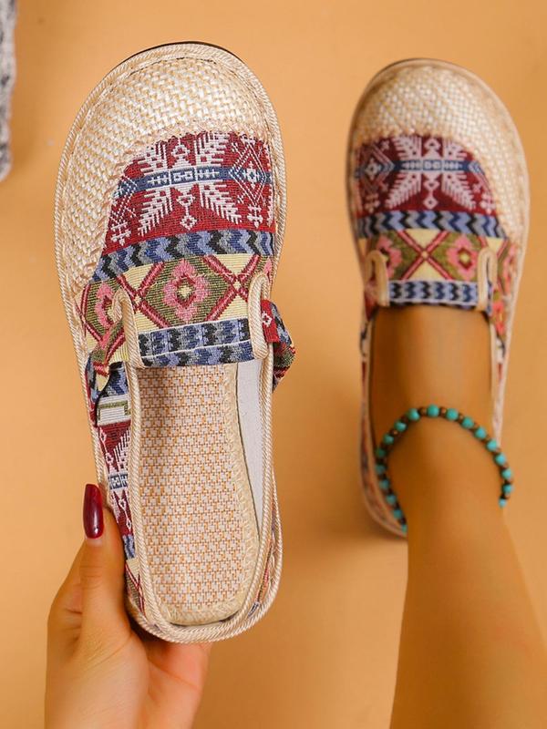 Colorful Ethnic Pattern Braided Slip on Flats, Lightweight Round Toe Shoes for Daily Wear, Breathable Shoes for Daily Wear