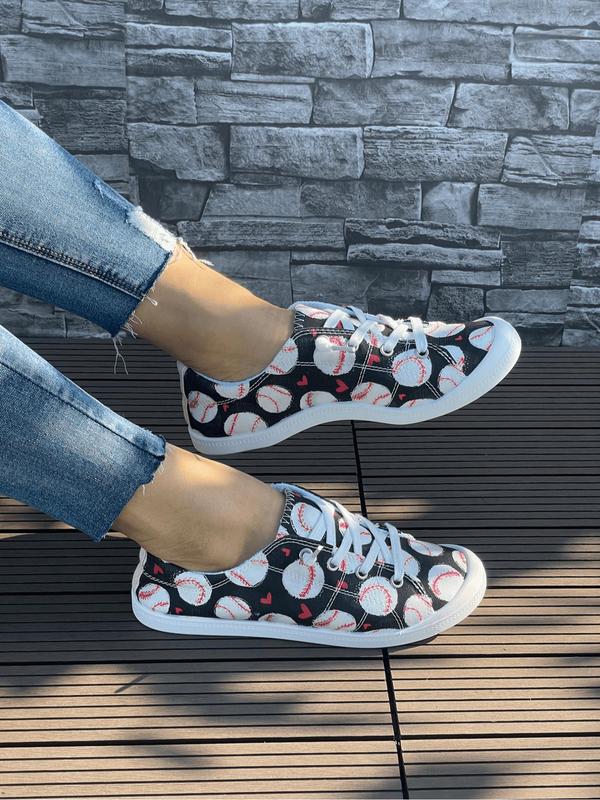 Women's 1 Pair Random Baseball Print Lace Up Low Top Sneakers, Casual Comfortable Round Toe Sports Shoes for Daily Wear, Trendy All-match Shoes for Women