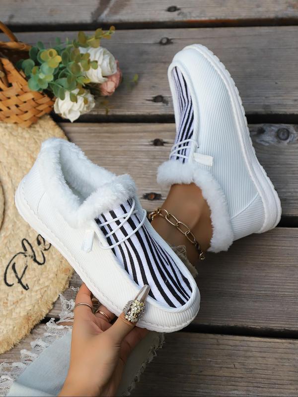 Solid Color Lace Up Front Fluffy Slip-on Shoes, Comfortable Warm Fuzzy Plush Thermal Lined Women Shoes, All Match Sneakers Walking Shoes, 2024 Fall & Winter Footwear, Girlfriend Gifts,  Birthday Gifts