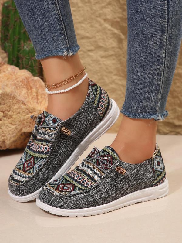 Women's Ethnic Pattern Lace Up Low Top Sneakers, Casual Comfortable Fabric Sports Shoes, Female All-match Round Toe Shoes for Daily Wear