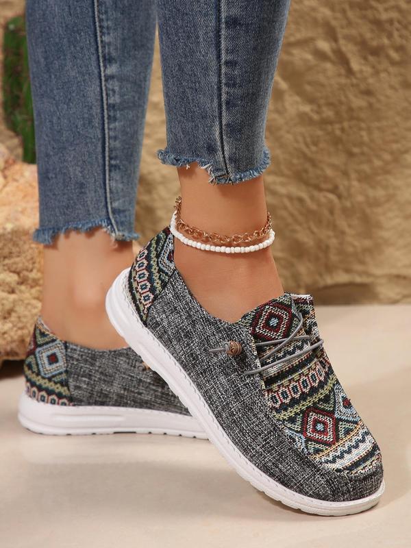 Women's Ethnic Pattern Lace Up Low Top Sneakers, Casual Comfortable Fabric Sports Shoes, Female All-match Round Toe Shoes for Daily Wear