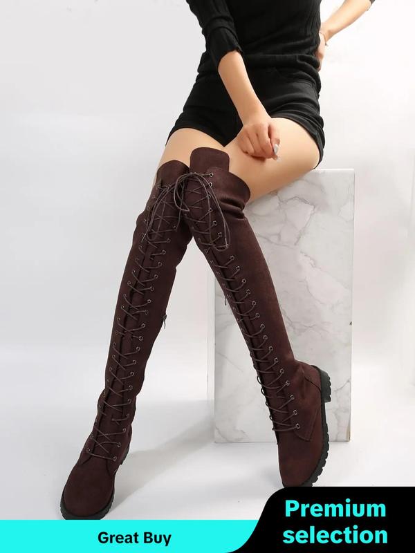 Lace Up Front Simple Over-the-knee Boots for Women, Elegant Fashionable Solid Round Toe Cowgirl Boots for Daily Wear, Fashion Women Shoes for Party, Daily Clothing Decor for Women