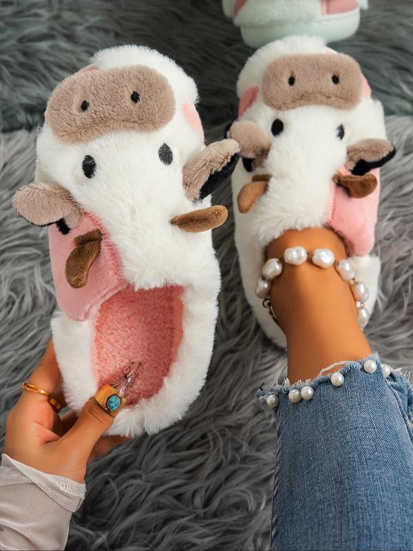 2024 New Arrival Cute Fluffy Novelty Cow Slippers, Matching Soft Plush Fuzzy Warm House Slippers for Women, Cozy Bedroom Slippers for Back To School As Gift, Designer Slides Fur Slippers