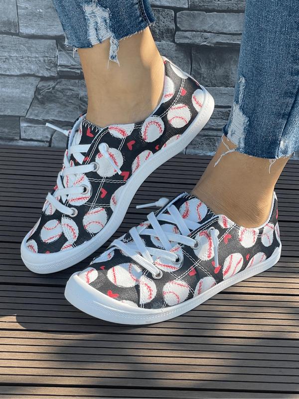 Women's 1 Pair Random Baseball Print Lace Up Low Top Sneakers, Casual Comfortable Round Toe Sports Shoes for Daily Wear, Trendy All-match Shoes for Women