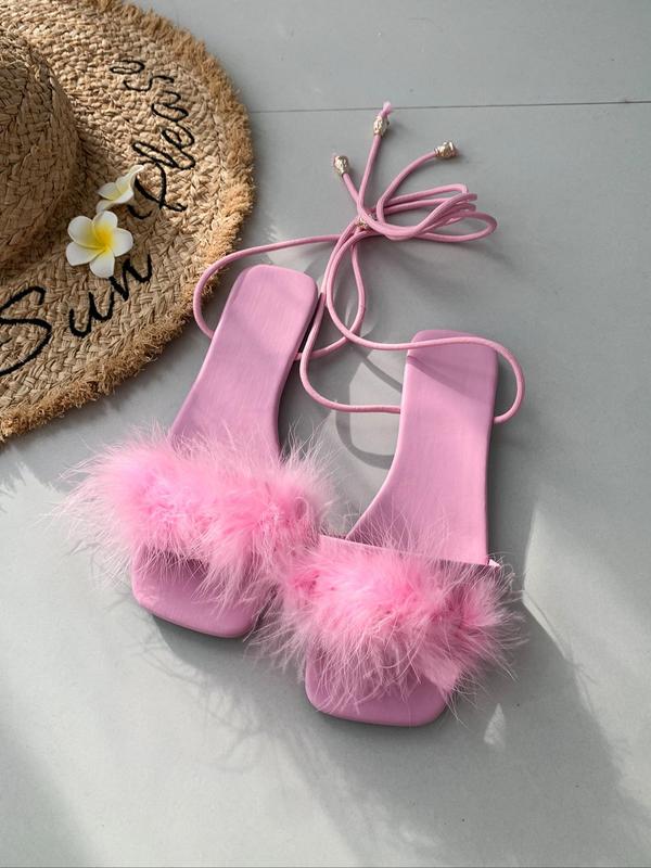 Women's Cute Lace-up Flat Sandals, Fashionable Soft Fuzzy Sandals for Summer, Casual Comfortable Summer Shoes for Outdoor