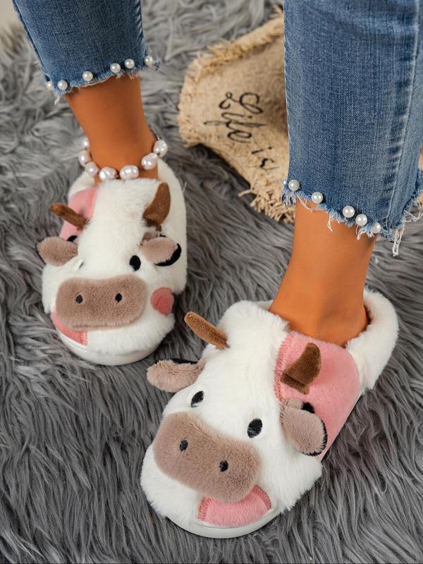 2024 New Arrival Cute Fluffy Novelty Cow Slippers, Matching Soft Plush Fuzzy Warm House Slippers for Women, Cozy Bedroom Slippers for Back To School As Gift, Designer Slides Fur Slippers