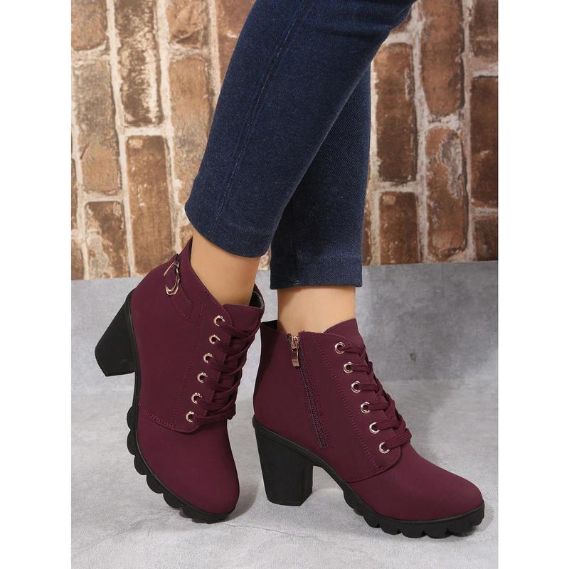 Women Ankle Boots And Short Boots, Burgundy, High Heels, Lace-Up, Side Zipper Design Girl Shoe