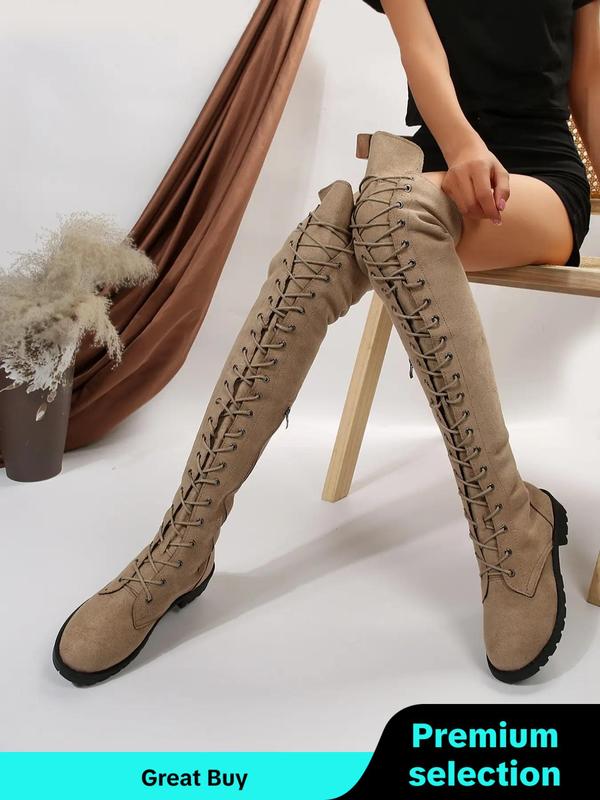 Lace Up Front Simple Over-the-knee Boots for Women, Elegant Fashionable Solid Round Toe Cowgirl Boots for Daily Wear, Fashion Women Shoes for Party, Daily Clothing Decor for Women